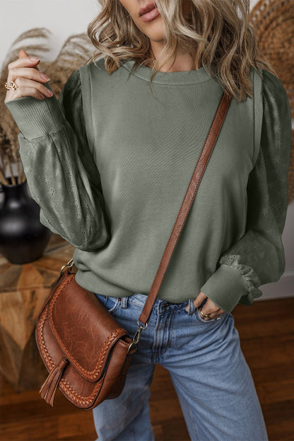 Eyelet Round Neck Long Sleeve Sweatshirt - Kalizeh