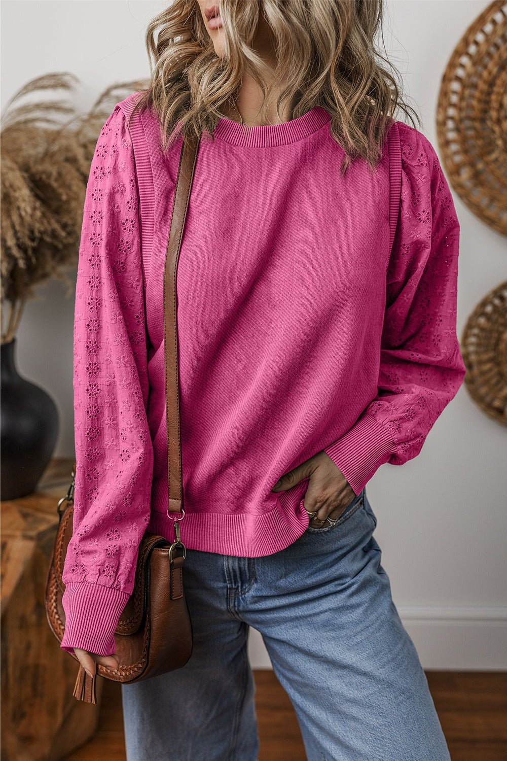 Eyelet Round Neck Long Sleeve Sweatshirt - Kalizeh