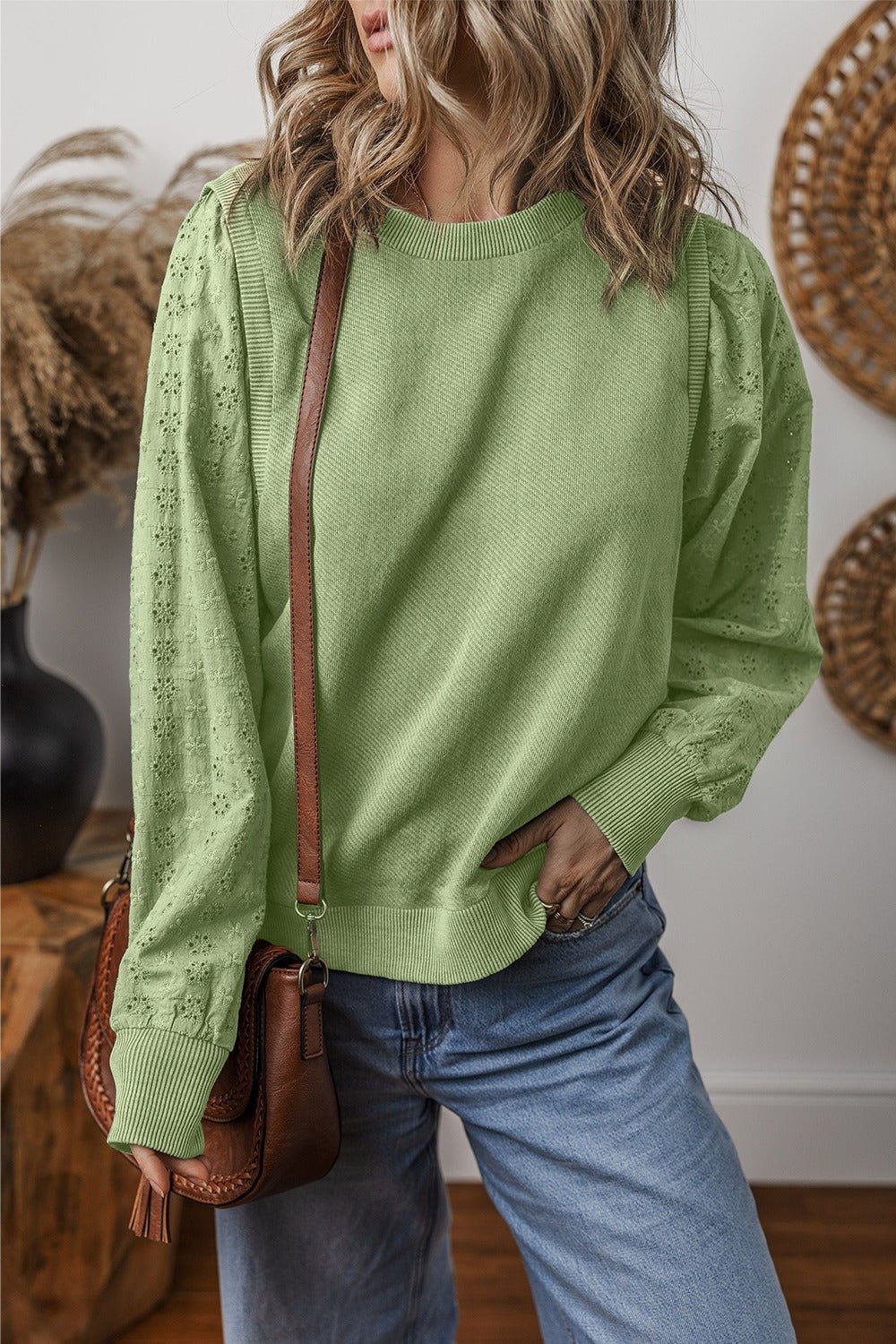 Eyelet Round Neck Long Sleeve Sweatshirt - Kalizeh