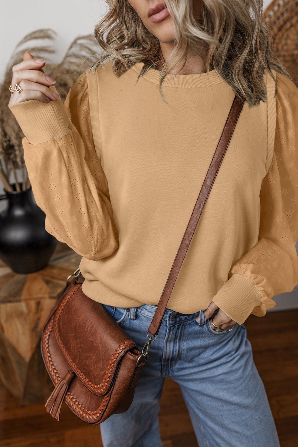 Eyelet Round Neck Long Sleeve Sweatshirt - Kalizeh