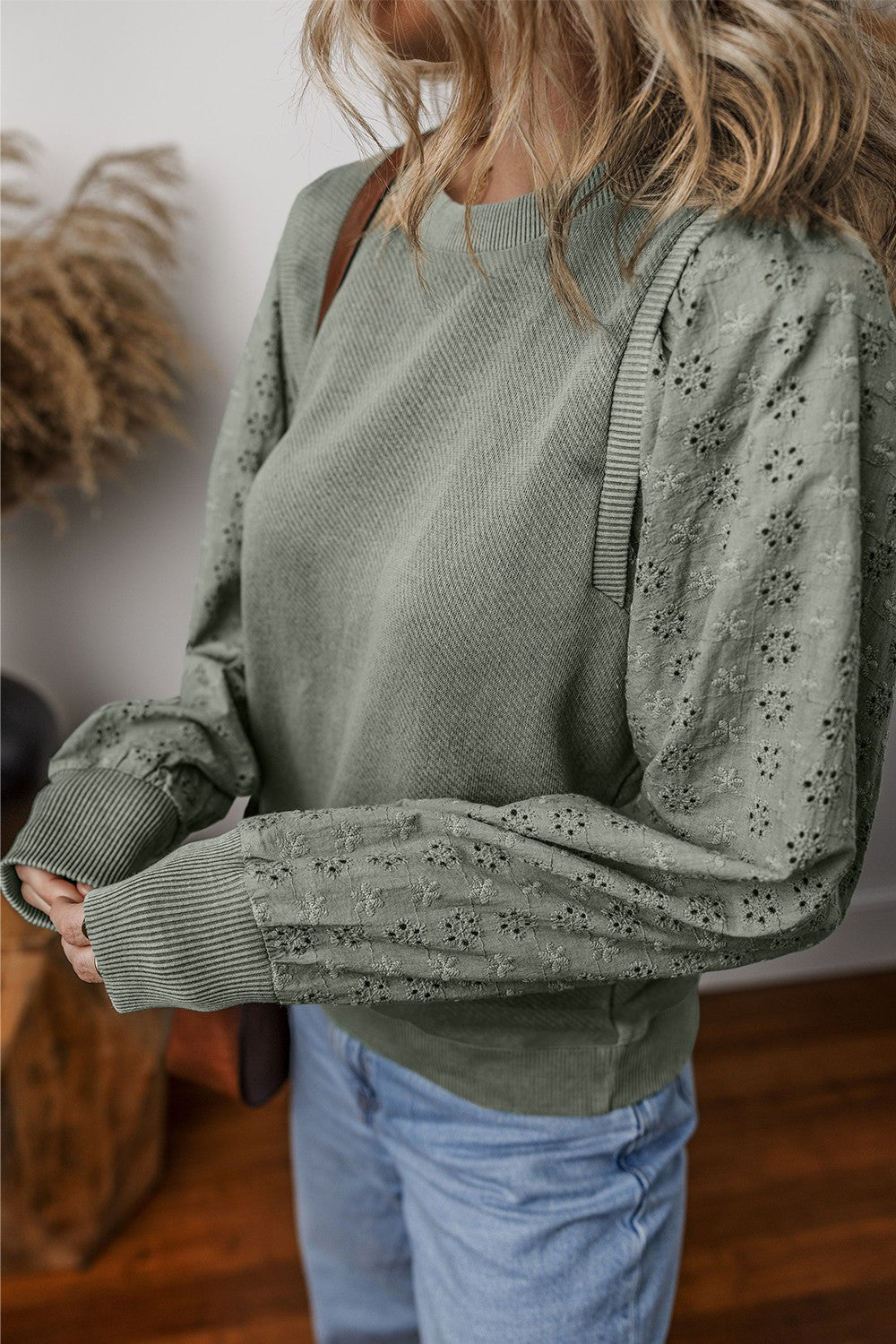 Eyelet Round Neck Long Sleeve Sweatshirt - Kalizeh