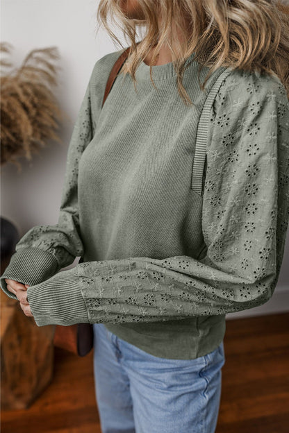 Eyelet Round Neck Long Sleeve Sweatshirt - Kalizeh