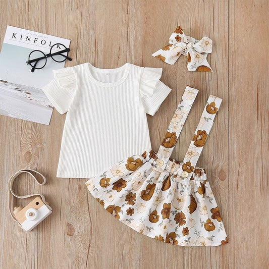 Fashion Lace Solid T-shirt and Flower Skirt Set - Kalizeh