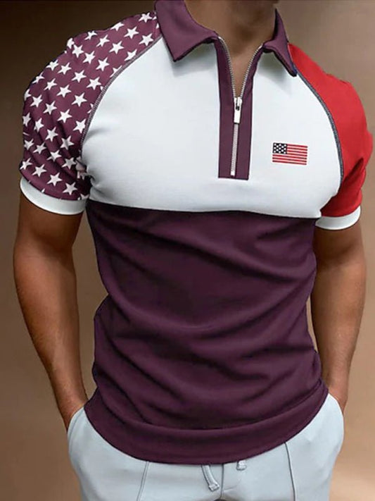 Flag Print Zip Lapel Polo Shirt - Kalizeh