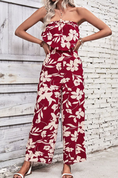 Floral Elegance Strapless Wide Leg Jumpsuit - Kalizeh