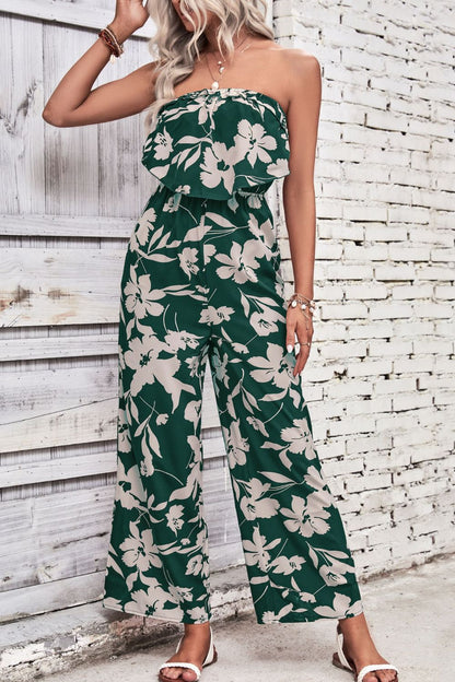 Floral Elegance Strapless Wide Leg Jumpsuit - Kalizeh