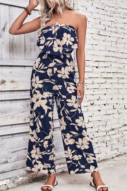 Floral Elegance Strapless Wide Leg Jumpsuit - Kalizeh