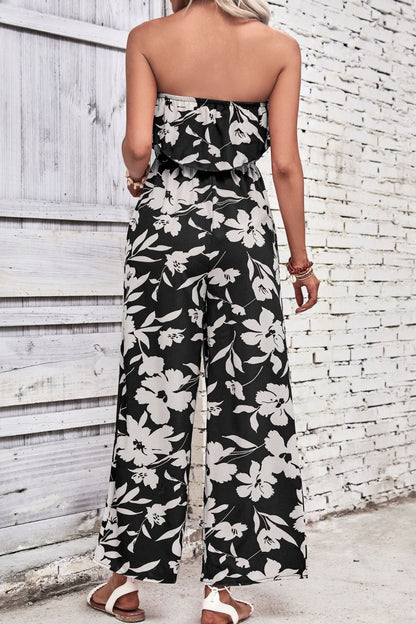 Floral Elegance Strapless Wide Leg Jumpsuit - Kalizeh