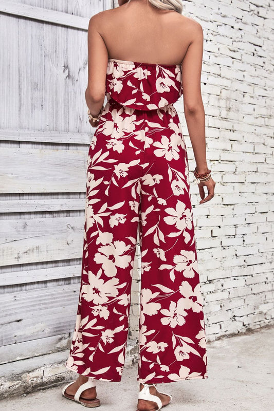 Floral Elegance Strapless Wide Leg Jumpsuit - Kalizeh