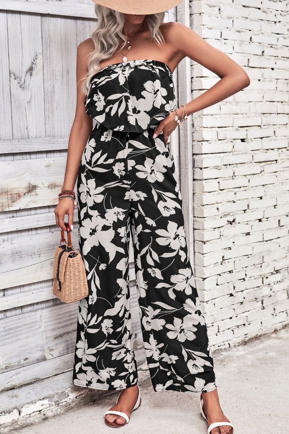 Floral Elegance Strapless Wide Leg Jumpsuit - Kalizeh