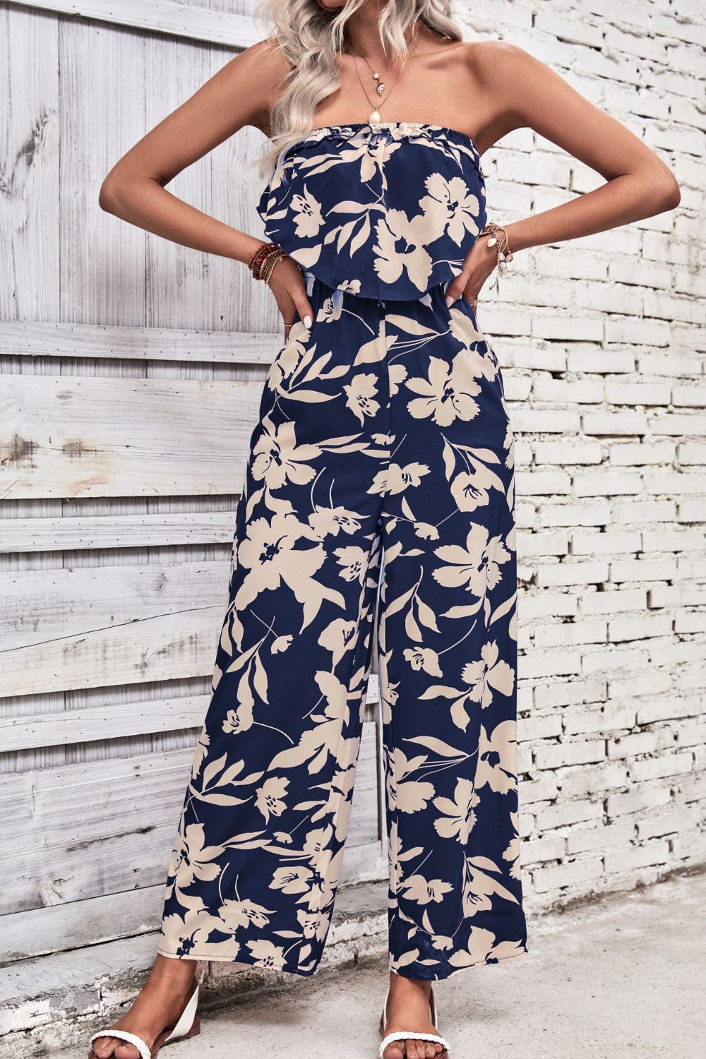 Floral Elegance Strapless Wide Leg Jumpsuit - Kalizeh