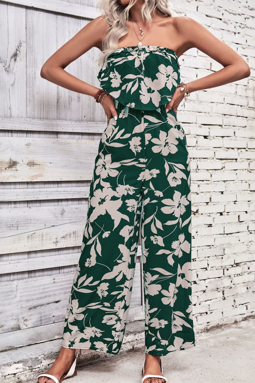 Floral Elegance Strapless Wide Leg Jumpsuit - Kalizeh