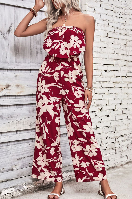 Floral Elegance Strapless Wide Leg Jumpsuit - Kalizeh