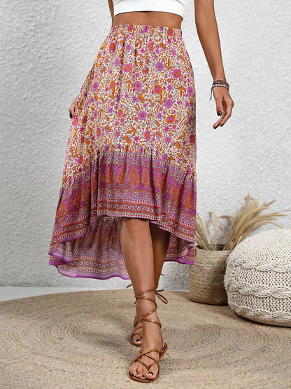 Floral High-Low Elastic Waist Skirt - Kalizeh