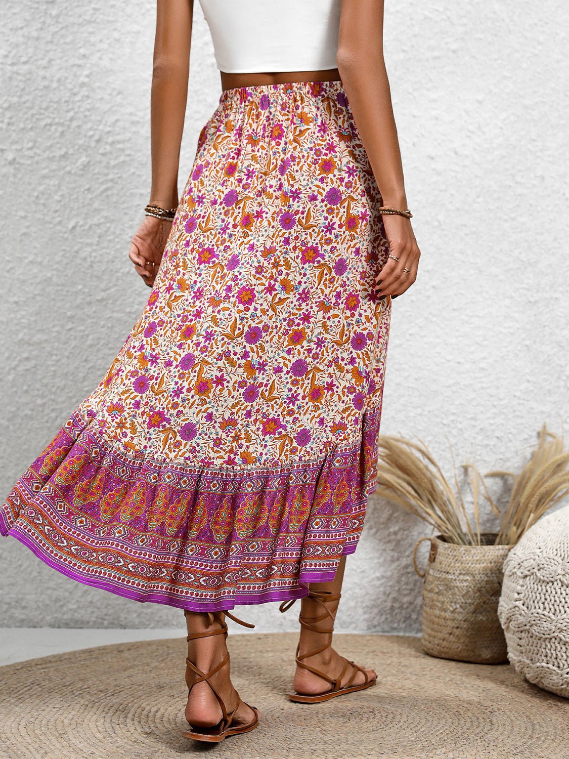 Floral High-Low Elastic Waist Skirt - Kalizeh