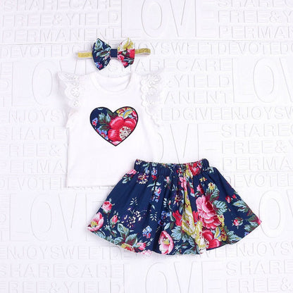 Floral Princess Set: Baby Girl's Lace Tops, Print Skirt, and Bow Headband - Kalizeh