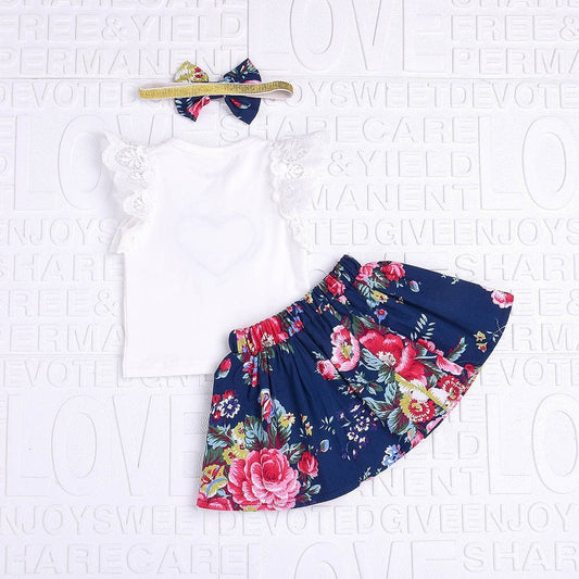 Floral Princess Set: Baby Girl's Lace Tops, Print Skirt, and Bow Headband - Kalizeh