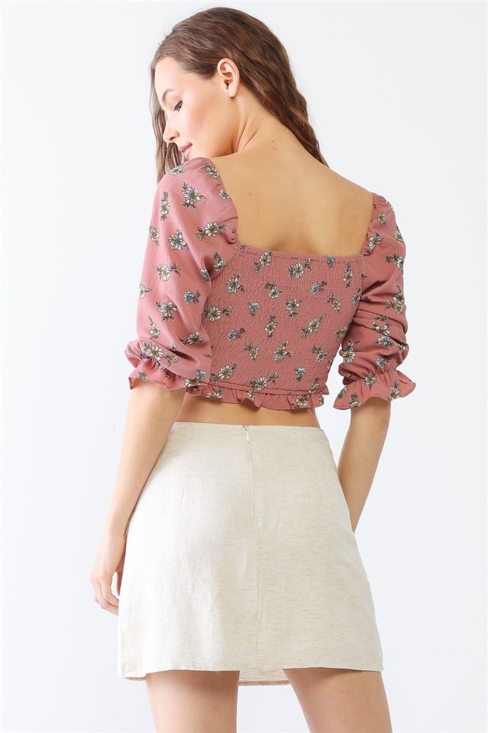 Floral Ruffle Smocked Back Ruched Crop Top - Kalizeh