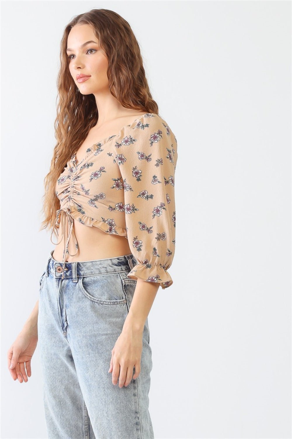 Floral Ruffle Smocked Back Ruched Crop Top - Kalizeh