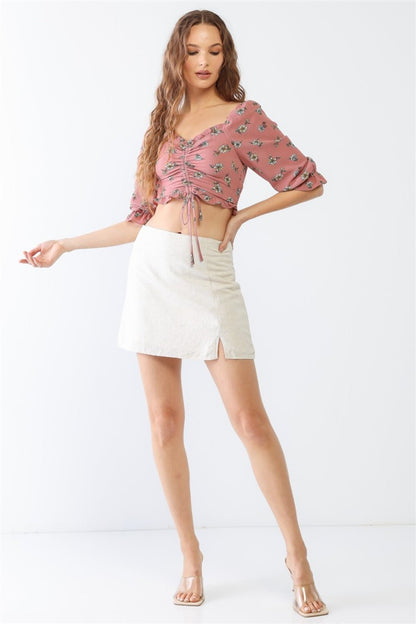 Floral Ruffle Smocked Back Ruched Crop Top - Kalizeh