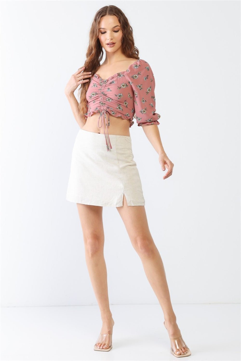 Floral Ruffle Smocked Back Ruched Crop Top - Kalizeh