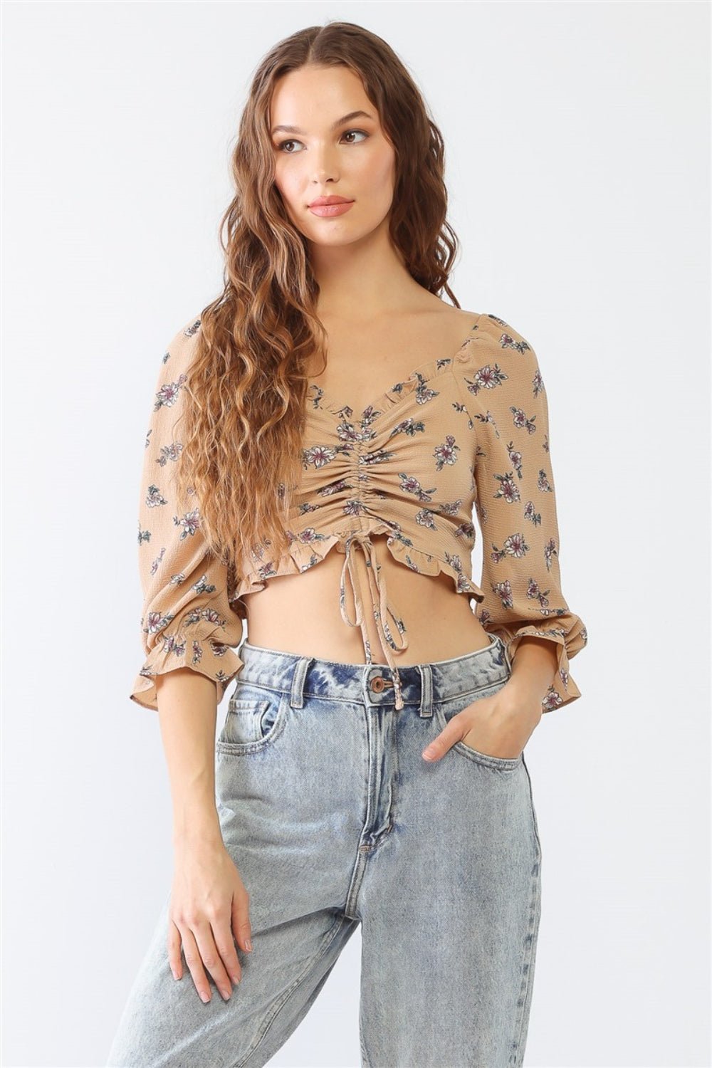 Floral Ruffle Smocked Back Ruched Crop Top - Kalizeh