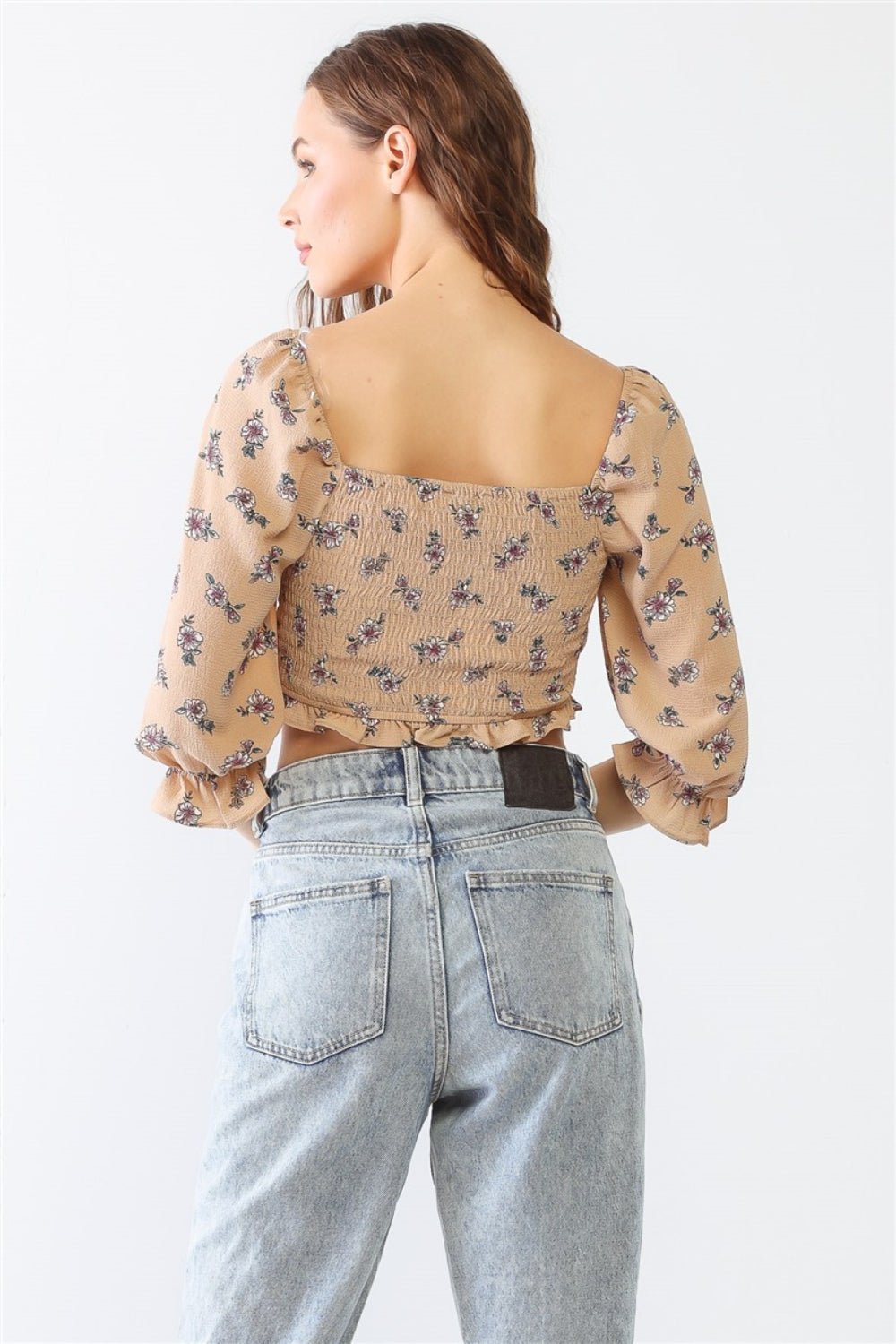 Floral Ruffle Smocked Back Ruched Crop Top - Kalizeh