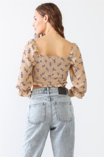 Floral Ruffle Smocked Back Ruched Crop Top - Kalizeh