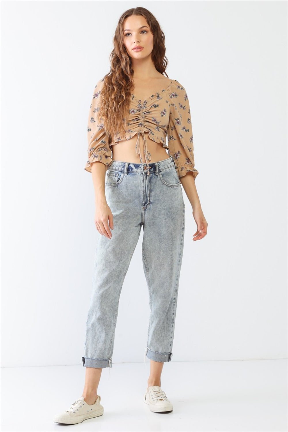 Floral Ruffle Smocked Back Ruched Crop Top - Kalizeh