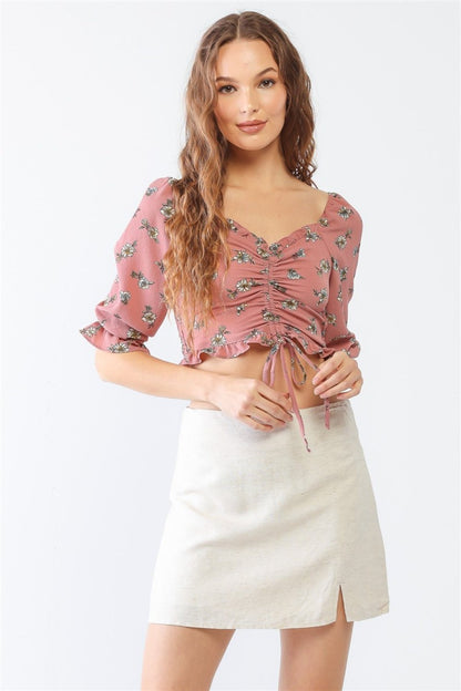 Floral Ruffle Smocked Back Ruched Crop Top - Kalizeh