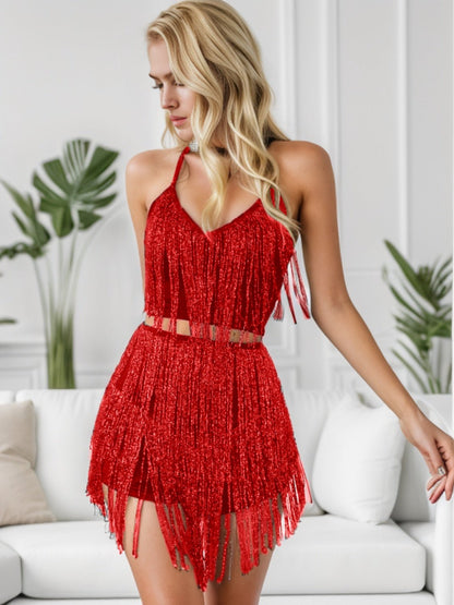 Fringe Halter Neck Top and Shorts Set - Kalizeh