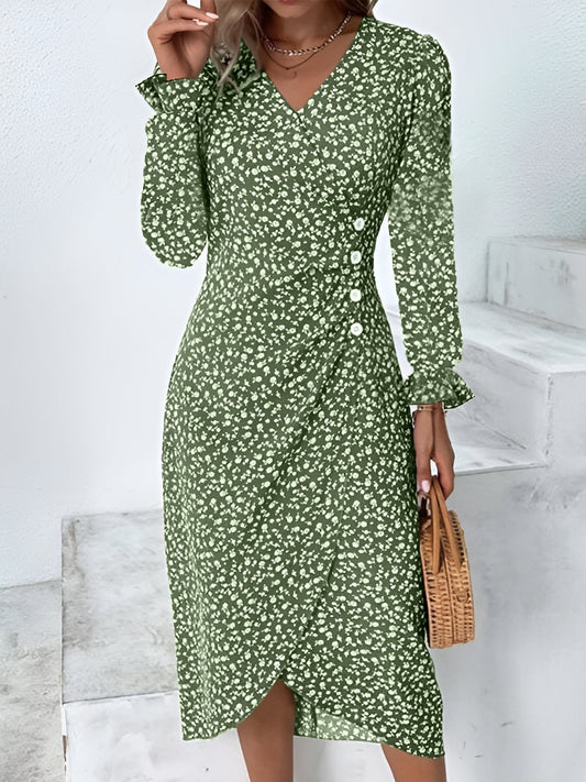 Full Size Printed Surplice Long Sleeve Midi Dress - Kalizeh