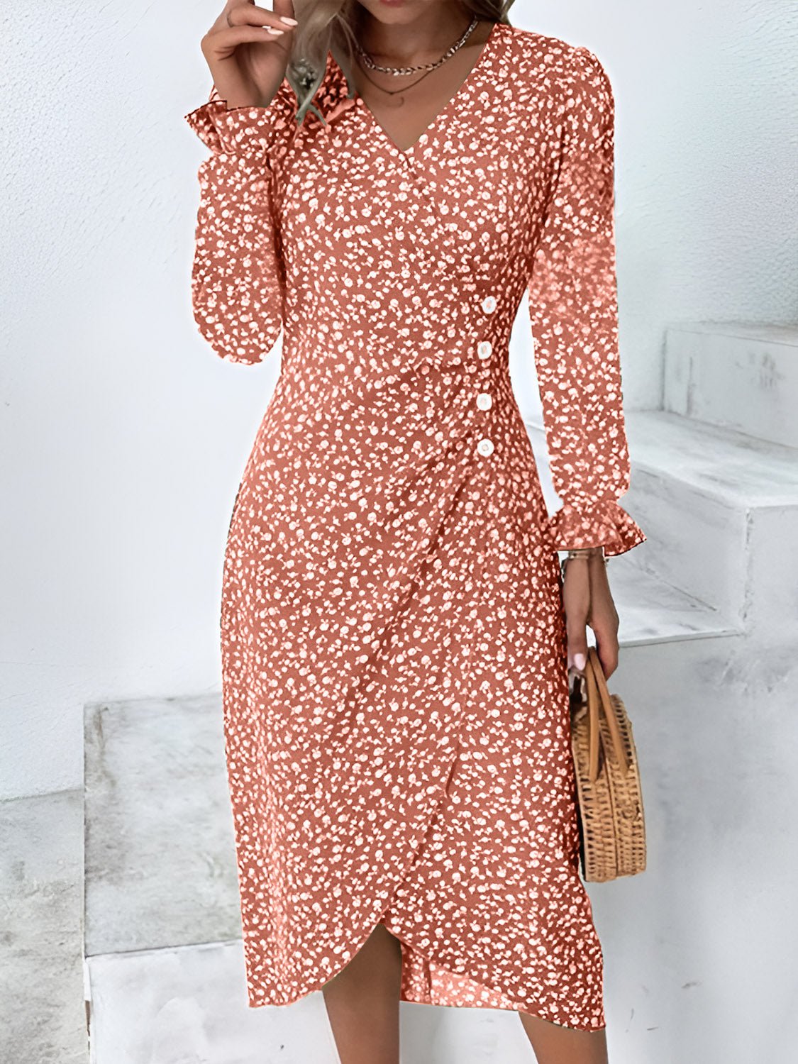 Full Size Printed Surplice Long Sleeve Midi Dress - Kalizeh