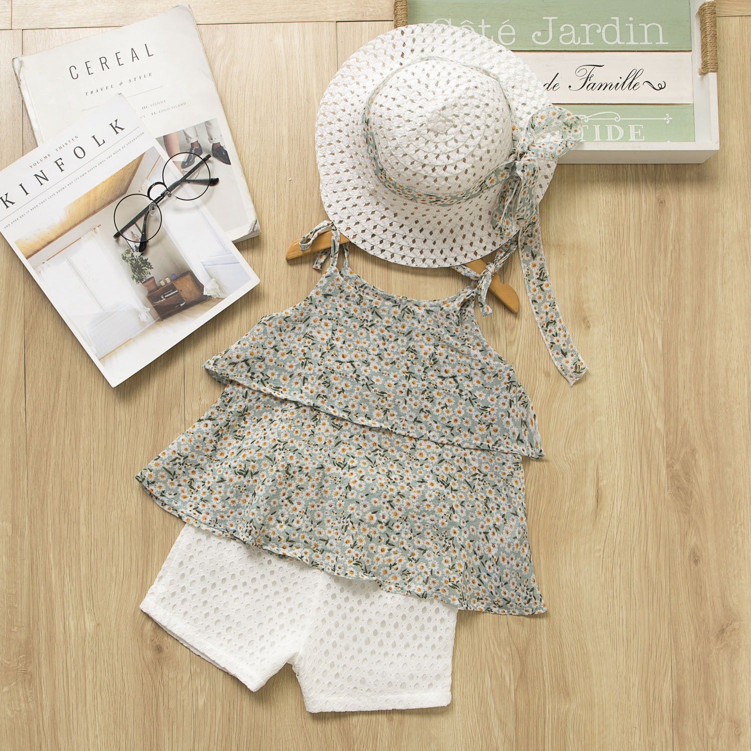 Girls Chiffon Suspended Shirt & Shorts Set with Straw Hat - Kalizeh