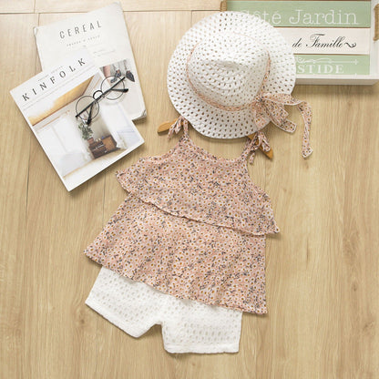 Girls Chiffon Suspended Shirt & Shorts Set with Straw Hat - Kalizeh