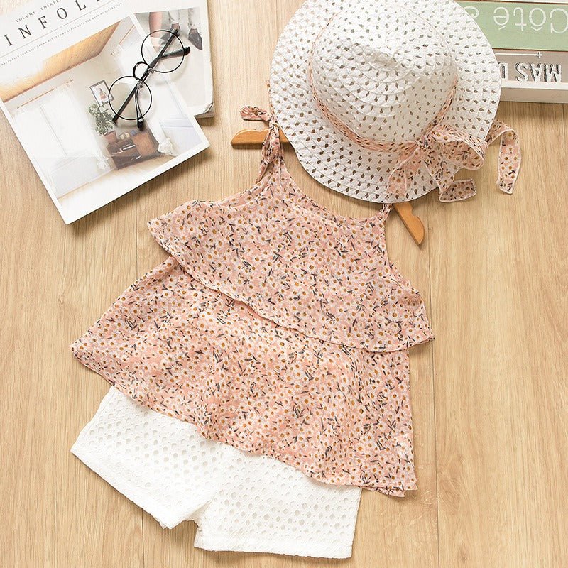 Girls Chiffon Suspended Shirt & Shorts Set with Straw Hat - Kalizeh