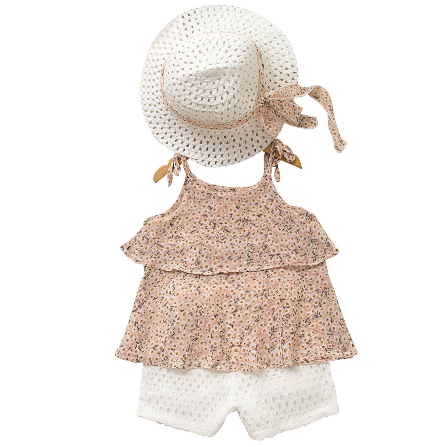 Girls Chiffon Suspended Shirt & Shorts Set with Straw Hat - Kalizeh