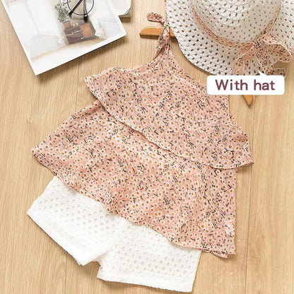 Girls Chiffon Suspended Shirt & Shorts Set with Straw Hat - Kalizeh