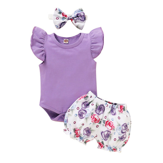 Girls Fly Sleeve Romper + Flowers Print Shorts Outfit Set - Kalizeh