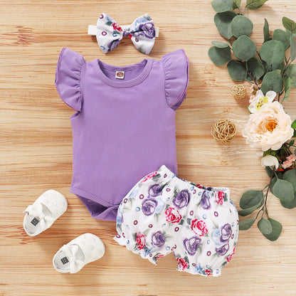 Girls Fly Sleeve Romper + Flowers Print Shorts Outfit Set - Kalizeh