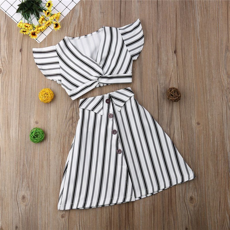 Girls Striped Crop Top and Skirt Dress Set - Kalizeh