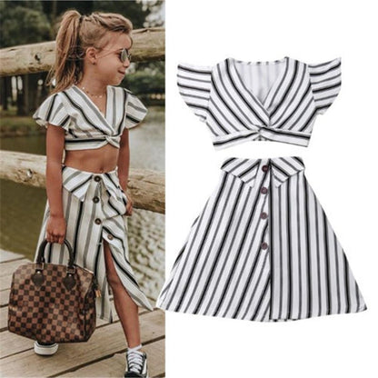 Girls Striped Crop Top and Skirt Dress Set - Kalizeh