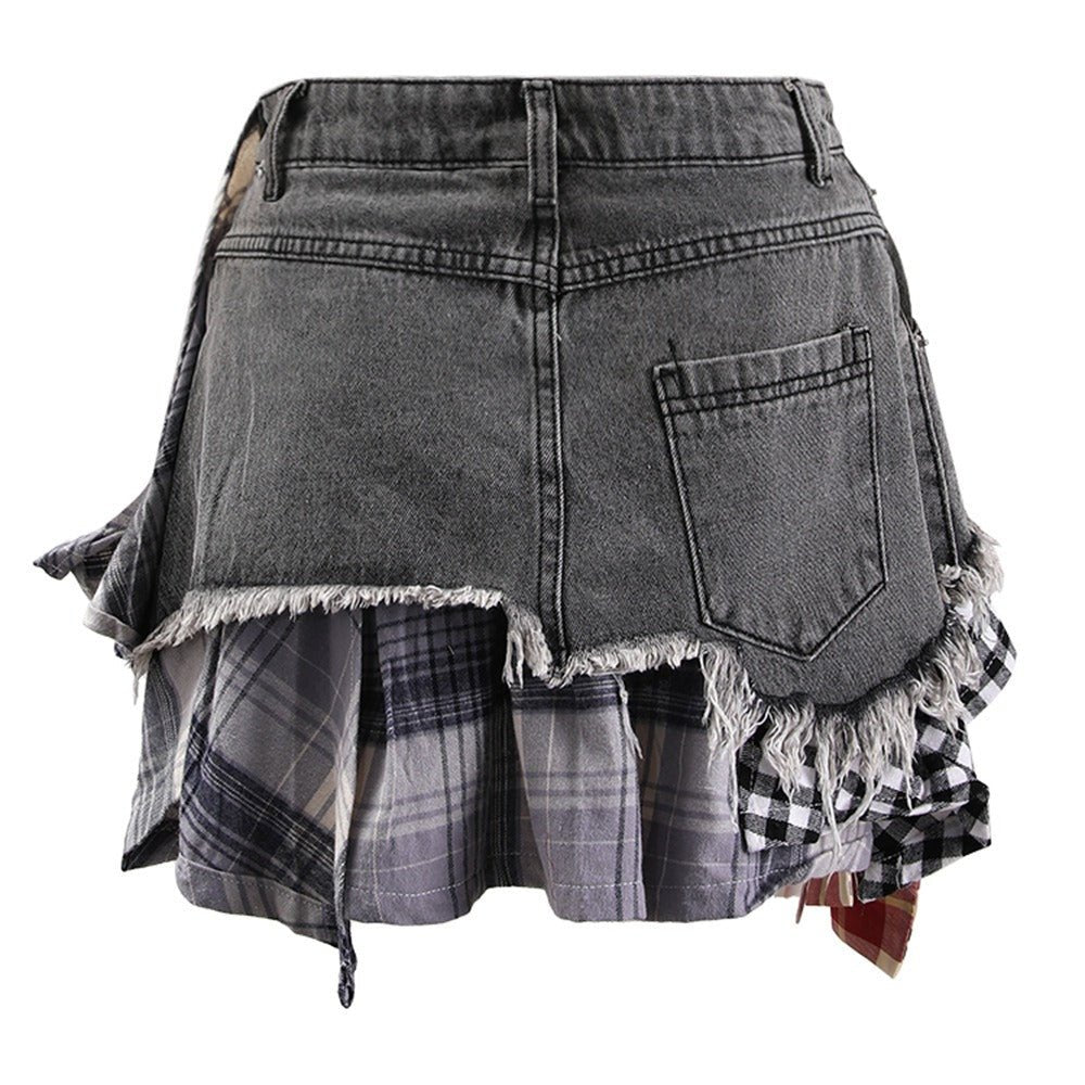 Irregular Plaid Patchwork Denim Skirt - Kalizeh