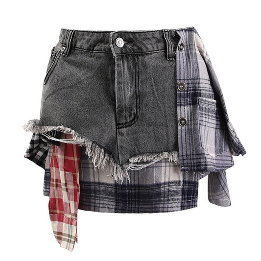 Irregular Plaid Patchwork Denim Skirt - Kalizeh