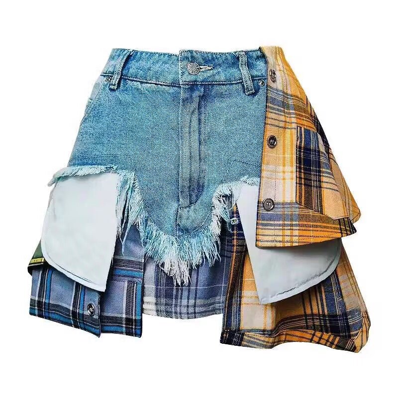 Irregular Plaid Patchwork Denim Skirt - Kalizeh