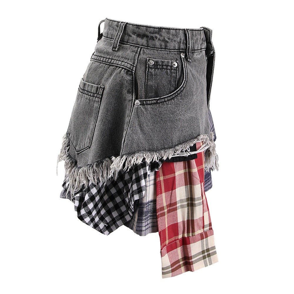 Irregular Plaid Patchwork Denim Skirt - Kalizeh