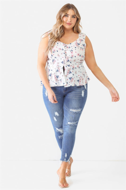 Ivory Floral Button-up Sleeveless Flare Hem Top - Kalizeh