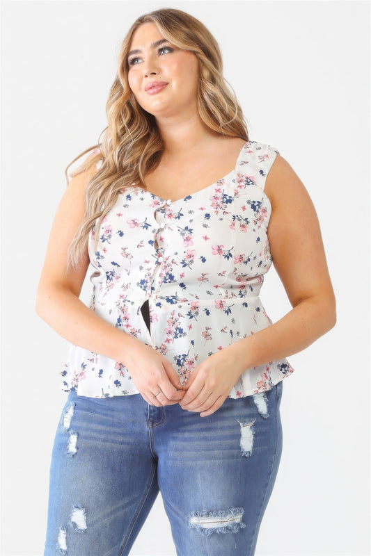 Ivory Floral Button-up Sleeveless Flare Hem Top - Kalizeh