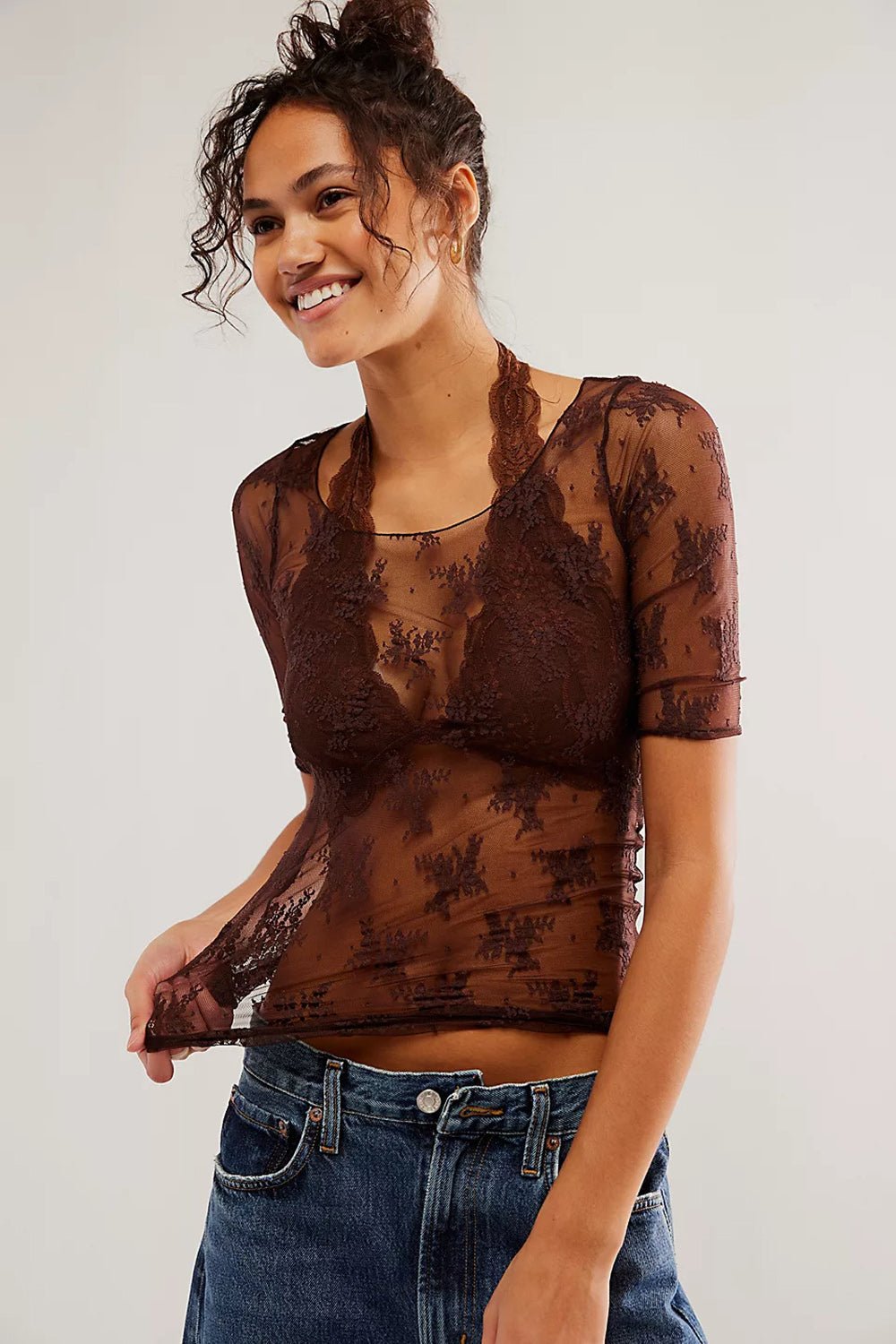 Lace Half Sleeve Sheer Blouse - Kalizeh