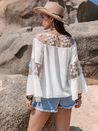 Lace Round Neck Long Sleeve Blouse - Kalizeh